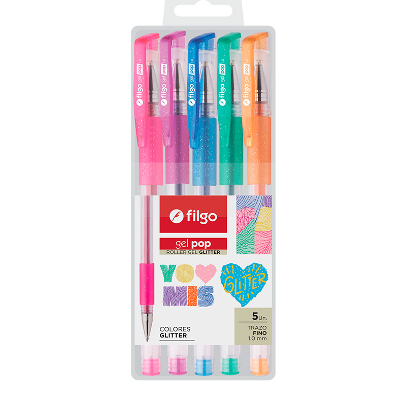 Roller Filgo Gel Pop Glitter, estuche de 5 colores