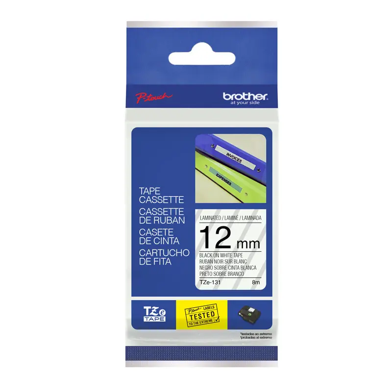 Cinta para rotuladora Brother TZe-131, laminada de 12mm. letra negra sobre fondo transparente 