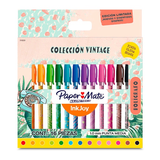 [PAPER100X16V] Bolígrafo Paper Mate Kilométrico InkJoy 100 Colección Vintage, caja de 16 colores
