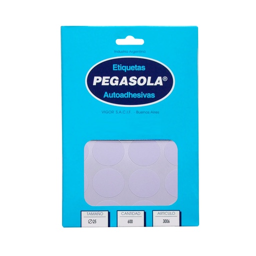 [PEGASOLCIR25] Etiqueta circular Pegasola 2.5cm. caja de 30 planchas de 600 etiquetas