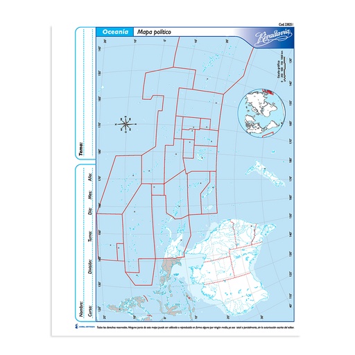 [RIVMAPOCEP3] Mapa Oceanía político Rivadavia N°3, block de 40 mapas